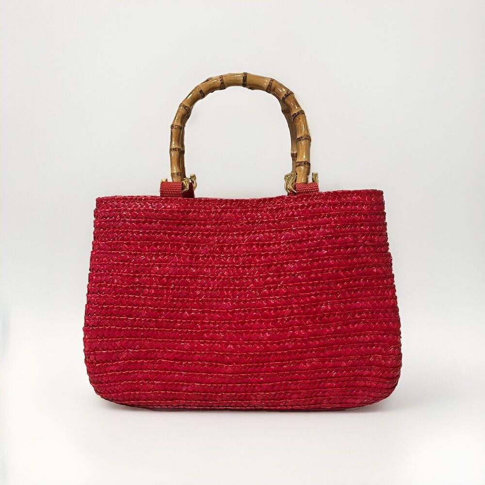 Vintage St. John’s Bay Red Wheat Straw Woven Handbag Bamboo Handle Women’s Tote
